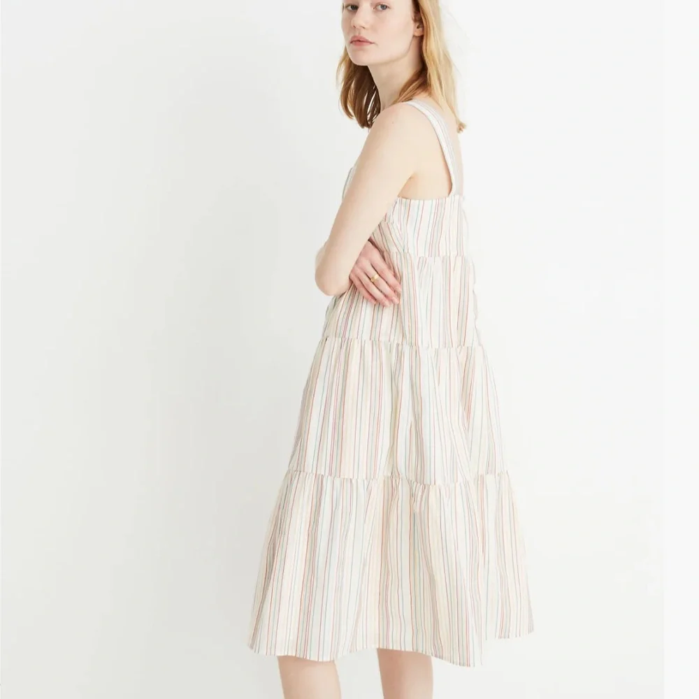 Madewell Striped Button-Back Tiered Dress in Textural Rainbow Stripe - Picture 2 of 5